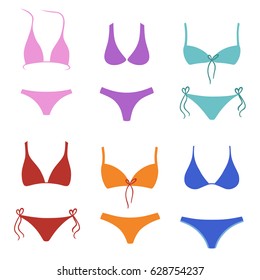 Two-piece swimsuits colored set isolated on white background. Vector illustration. You can use this image for fashion design and etc.