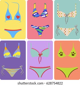 Two-piece swimsuits colored set isolated on white background. Vector illustration. You can use this image for fashion design and etc.