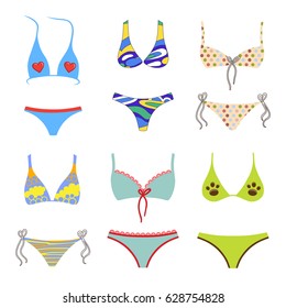 Two-piece swimsuits colored set isolated on white background. Vector illustration. You can use this image for fashion design and etc.