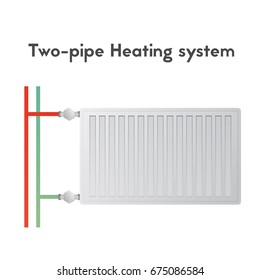 Two-pipe heating system. Steel panel radiator on a white background. HVAC vector illustration.