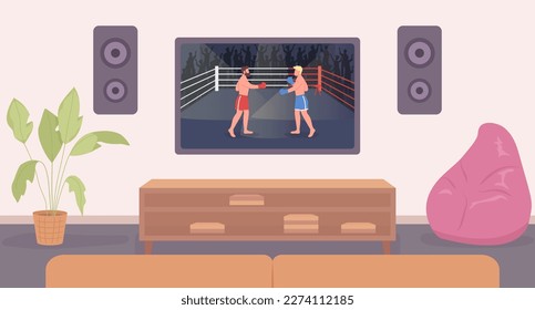 Juego de lucha de dos jugadores en la pantalla de televisión de pantalla plana de la ilustración vectorial. Viendo el combate de boxeo. Imagen de héroe. Sala de estar de dibujos animados totalmente editable en 2D con pantalla panorámica en segundo plano