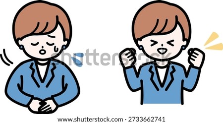 Two-pose set: female staff apologizing for system errors and celebrating DX success. Trustworthy business-oriented material.