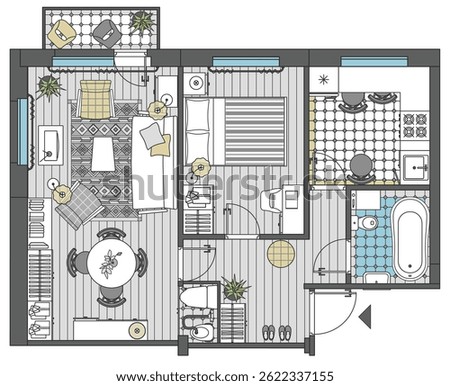 Two-room apartment in top view. Floor plan with furniture placement. The interior design project. Architectural plan of russian standard khrushchevka. Apartment with kitchen and bedroom. Vector