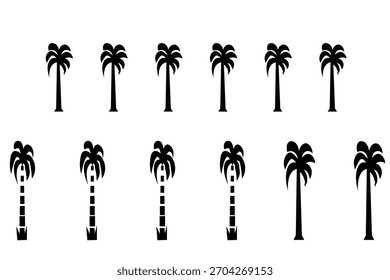 A two-row grid of stylized palm tree icons on a white background. The top row features solid black palms, while the bottom row shows palms with striped trunks increasing in stripe count from left to r