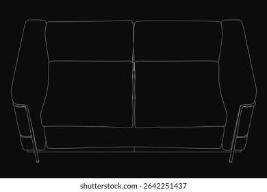 Two-seater sofa line drawing with crisp white outline on a black background, featuring clean and minimalist design. The simple yet elegant illustration highlights the sofa's shape and structure.