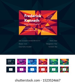 Two-side business card with geometric pattern
Set of 6 pieces in different color palettes
Bleeds 3mm (crop marcs included)
85×55 mm
300 dpi
(all names and data are fictitious)