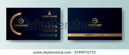 Two-sided business card. Elegant Dark Blue Gold Business Card Design Template, gold accents, company logo, contact details. Modern and professional design.