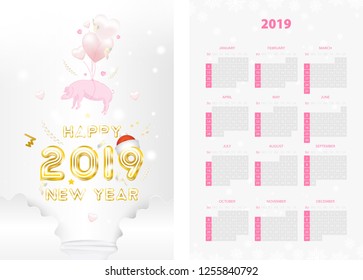 Two-sided calendar for the new year 2019 with golden text and pink pig on white background. Creative template with decoration elements and light elements. Flat vector illustration EPS10.