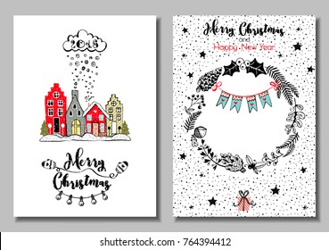 Two-sided Christmas card. New Year's city under the snow. Christmas wreath with space for text