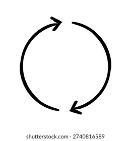 Two-sided circle arrows hand-drawn sketch graphic element. Circular loop. Clockwise repetition. Infinite motion. Doodle direction. Minimal black pointer. Ink freehand symbol. Scribble illustration