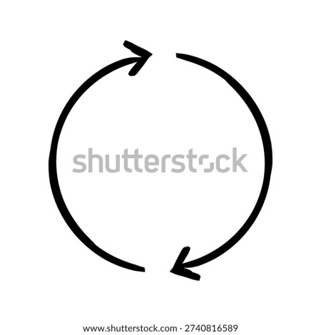 Two-sided circle arrows hand-drawn sketch graphic element. Circular loop. Clockwise repetition. Infinite motion. Doodle direction. Minimal black pointer. Ink freehand symbol. Scribble illustration