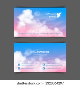 Two-sided horizontal business cards with realistic pink-blue sky and clouds. The image can be used to design a business card.