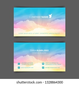 Two-sided horizontal business cards with realistic pink-blue sky and clouds. The image can be used to design a business card.