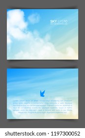 Volante Horizontal de dos caras de formato a4 con cielo azul beige y nubes realistas. La Imagen se puede utilizar para diseñar un Anuncio, cartel y postal.