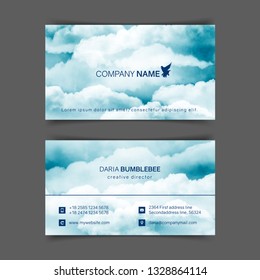 Two-sided horizontal flyer of a4 format with watercolor blue-white sky and clouds. The image can be used to design a banner, flyer and postcard.