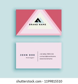 Two-sided modern business cards with colored triangles template. Blue background. Pink, yellow and blue triangles. Logotype look like triangle.