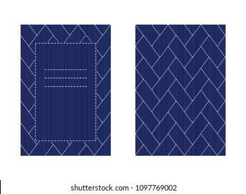 Two-sided Sashiko card isolated on white. Stitching. Classic japanese quilling template. Greeting card layout. Postcard with abstract seamless texture. Japanese kimono motif. Banner with text frame.