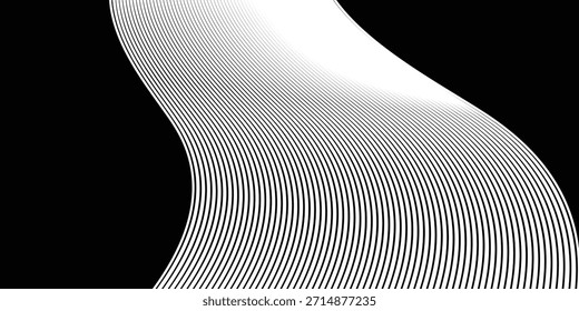 Two-sided Smooth vector transition from black to white. Striped wave from lines. Divided two-color background. Striped Design element for covers, packaging, video. Vector background.