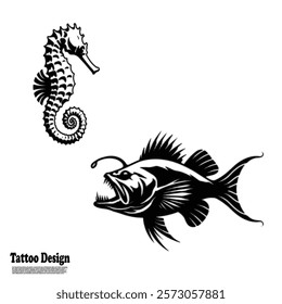 Two-sided tattoo with different models of sea animals

