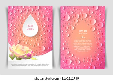 Two-sided vertical flyer of a4 format with roses and drops. Template for advertising rose water and goods containing rose water.