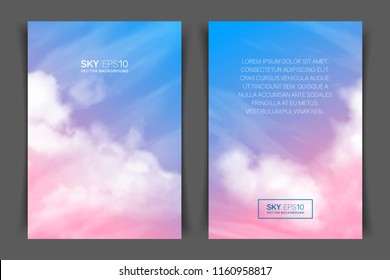 Two-sided vertical flyer of a4 format with realistic pink-blue sky and clouds. The image can be used to design a banner, poster and postcard.