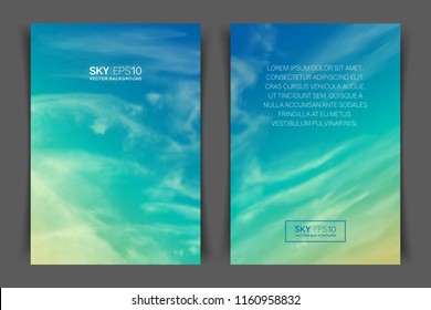 Two-sided vertical flyer of a4 format with realistic turquoise-yellow sky and spindrift clouds. The image can be used to design a banner, poster and postcard