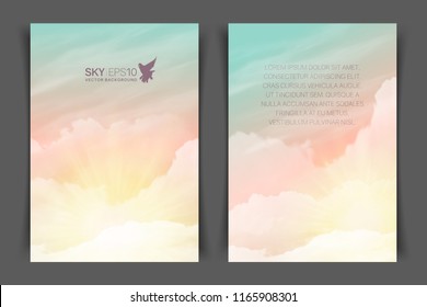 Two-sided vertical flyer of a4 format with realistic turquoise-yellow sky and cumulus clouds. The image can be used to design a banner, flyer and postcard.