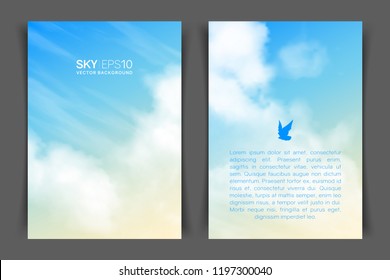 Two-sided vertical flyer of a4 format with realistic beige-blue sky and clouds. The image can be used to design a banner, poster and postcard.