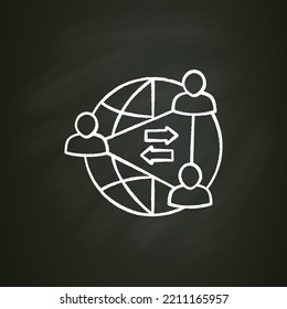 Two-sides network effects chalk icon.Intermediary economic platform. User groups interact and provide each other with network benefits.Marketplace concept. Isolated vector illustration on chalkboard