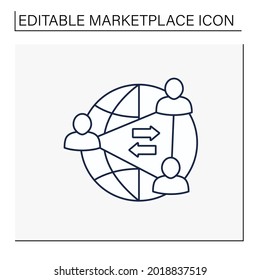 Zwei Seiten Netzwerk-Effekte Linie Symbol.Intermediäre wirtschaftliche Plattform. Benutzergruppen interagieren und versorgen sich gegenseitig mit Netzvorteile.Marktplatz Konzept. Einzige Vektorgrafik. Bearbeitbarer Hub