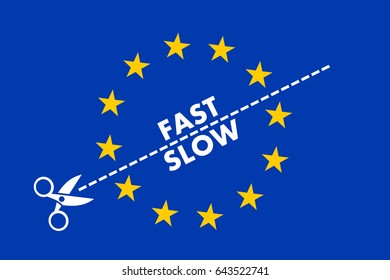 Two-speed EU. Scissors split European Union into slow and fast members and countries. Multi-speed of integration, collaboration, shared policy. Disintegration and breakup of united Europe