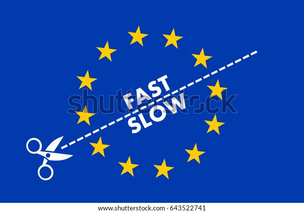 Two-speed EU. Scissors split European Union into\
slow and fast members and countries. Multi-speed of integration,\
collaboration, shared policy. Disintegration and breakup of united\
Europe
