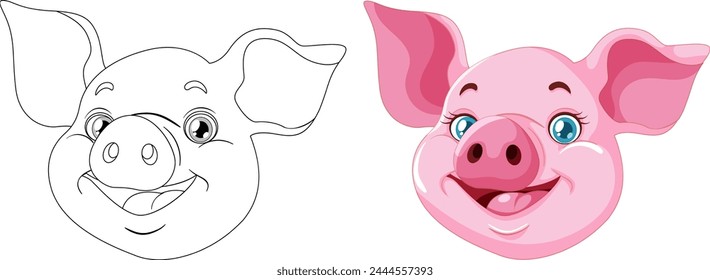 Two-stage illustration of a pig, sketch and color