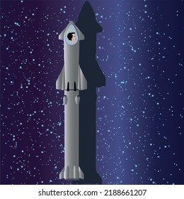 A two-stage silver rocket with the face of Elon Musk in the porthole against the background of a dark blue-violet sky with stars.