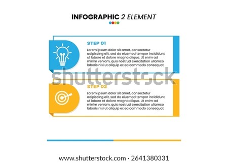 Two-step infographic with icons: Step 1 (idea) and Step 2 (goal), showing a simple process from concept to target. Placeholder text included
