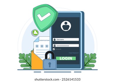 Two-step verification concept, OTP, Authentication password, One-time password for secure website account login, Login page on device screen. Flat vector illustration on background.