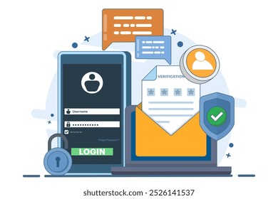 Two-step verification concept, OTP, Authentication password, One-time password for secure website account login, Login page on device screen. Flat vector illustration on background.