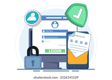Conceito de verificação em duas etapas, OTP, senha de autenticação, senha ocasional para logon de conta de site seguro, página de logon na tela do dispositivo. Ilustração de vetor plano no plano de fundo.