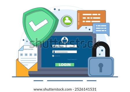Two-step verification concept, OTP, Authentication password, One-time password for secure website account login, Login page on device screen. Flat vector illustration on background.