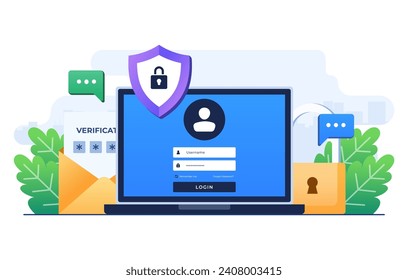 Verificación en dos pasos, plantilla vectorial de ilustración plana, OTP, contraseña de autenticación, contraseña única para inicio de sesión seguro en la cuenta del sitio web, página de inicio de sesión en la pantalla del portátil