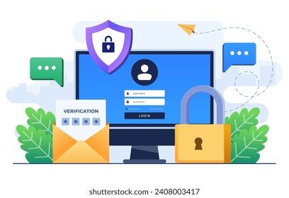 Two-step verification flat illustration vector template, OTP, Authentication password, One-time password for secure website account login, Login page on computer screen