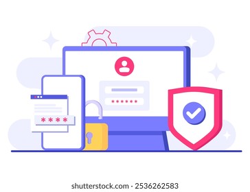 Plantilla de Vector de ilustración plana de verificación de dos pasos, OTP, Contraseña de autenticación, Contraseña única para un Inicio de sesión seguro para una Cuenta o App, Página de inicio de sesión en la pantalla de la computadora