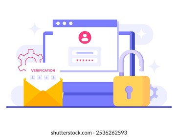 Two-step verification flat illustration vector template, OTP, Authentication password, One-time password for secure login for a account or app, Login page on computer screen