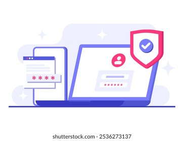 Plantilla de Vector de ilustración plana de verificación de dos pasos, OTP, Contraseña de autenticación, Contraseña única para un Inicio de sesión seguro para una Cuenta o App, Página de inicio de sesión en la pantalla del ordenador portátil