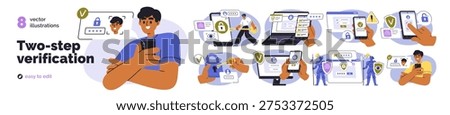 Two-step verification, safe 2-factor authentification for user account security. Secure login, access to ID with password, double check. Flat vector illustrations isolated on white background