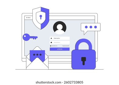 Two-step verification template, OTP, Authentication password, One-time password for secure website account login, Login page on computer screen. Flat Cartoon Vector icon. Stylish abstract design web