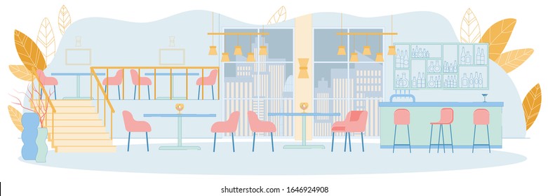 Two-storey Big Restaurant or Cafe Interior with Bar Counter, Chairs and Dining Tables. Modern Lounge Bar or Cafeteria Spacious Clients Hall Horizontal Background. Flat Cartoon Vector Illustration.