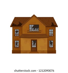 Two-storey Brown House With Destroyed Roof, Broken Windows And Door. Old Abandoned Cottage. Flat Vector Design