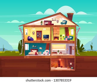Two-storey cottage house cross section interior cartoon vector with spacious hall, fireplace in comfortable living room, bedroom on attic and wine cellar in basement illustration. Real estate concept