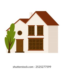 Two-storey country house with trees. Peaceful village life in your own home. Element for urban and rural landscape. Sale and rent of real estate. Vector illustration in cartoon style.